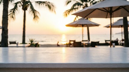 Fototapeta premium Beach Bar Counter at Sunset with Palm Trees and Umbrellas for Web Design