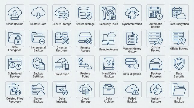 Data backup and recovery icons set for secure storage with displays collection data including cloud backup restore data synchronization encryption