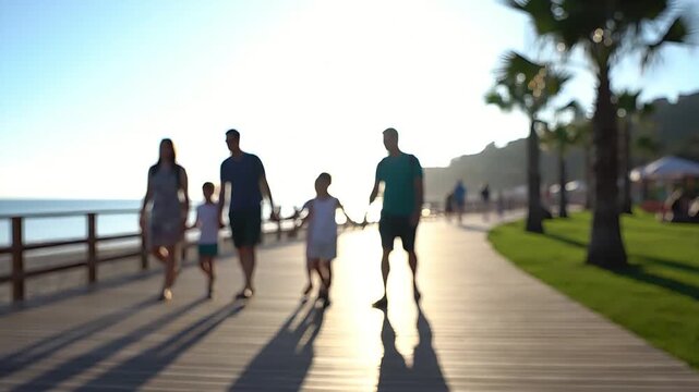 A family of four walks along a sunny boardwalk by the ocean with palm trees, enjoying a leisurely stroll during their vacation.