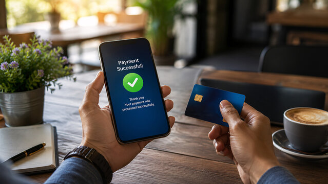 Hands holding a smartphone with payment successful screen and a credit card at a cafe. Wireless internet online shopping and secure mobile banking concept.