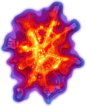 Thermal heat map of a city showing temperature variations in bright colors