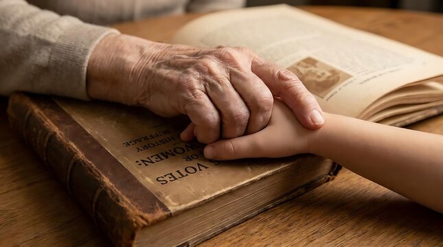 Intergenerational hands resting on antique book on wooden table.