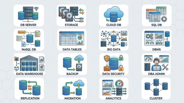 Database management icon pack for data storage with collection database management icons storage security big data replication analytics with warehouse