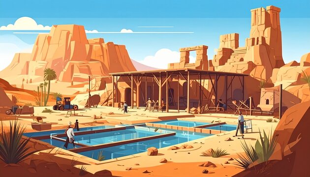 Western frontier outpost with desert landscape and workers.