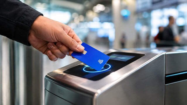 Person tapping blue contactless credit card on automatic ticket gate reader at train station, cashless public transport fare payment concept, NFC smart travel card, modern transit access control