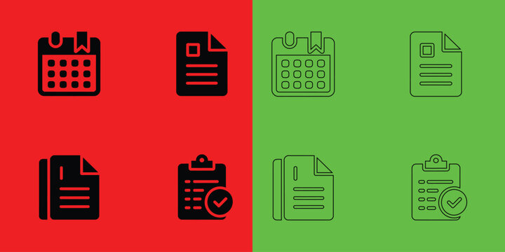 Set of document and calendar in solid black and outline styles on red and green split backgrounds