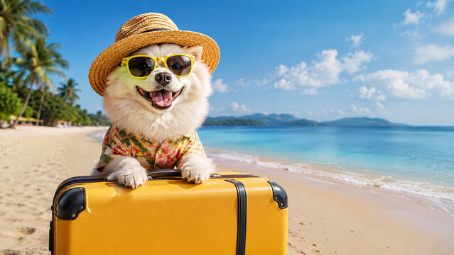 Cute dog wearing sunglasses and straw hat sitting next to yellow suitcase on tropical beach, pet travel concept, dog vacation, summer holiday, pet friendly hotel travel, seaside tourism