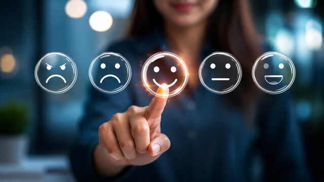 Customer feedback rating system with glowing smiley emoji icon, customer satisfaction survey concept, service review evaluation, user experience rating, client sentiment analysis, five stars