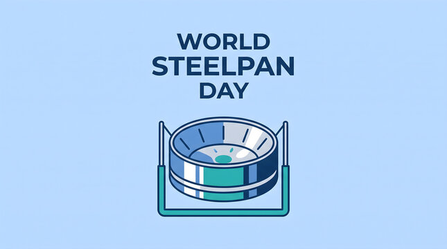World Steelpan Day celebration graphic with a musical instrument illustration on light blue background.