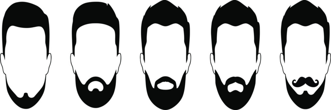 A collection of black silhouette icons showing various male beard styles and mustache grooming options for modern barber shop designs