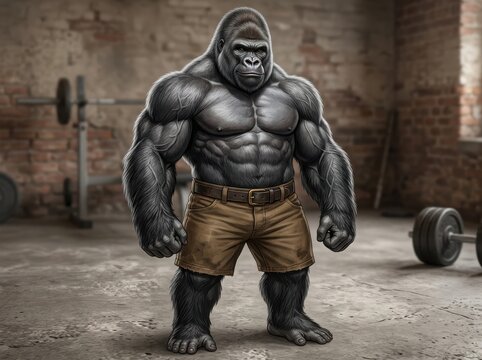 A strong muscular gorilla bodybuilder standing in a dark gym after a workout session with heavy weights and intense atmosphere