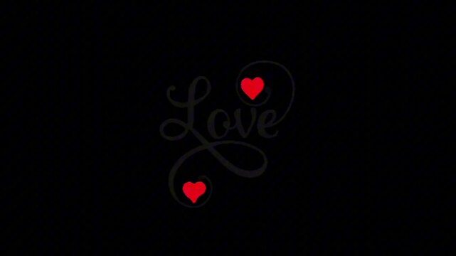 Elegant calligraphic 'Love' text with two bright red heart icons, set against a deep black background, symbolizing profound affection and romantic connection 4K