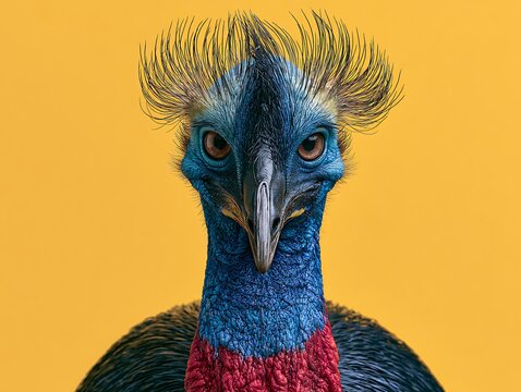 Close-up Portrait of a Blue Cassowary Bird with Distinctive Crest on Yellow Background