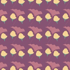 Seamless botanical pattern with yellow flower buds and mauve ginkgo leaves on a dark purple background. Flat vector illustration suitable for fabric, wallpaper, and wrapping paper. © Studio