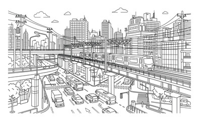 Obraz premium Busy city street with cars, buses and train, urban transport