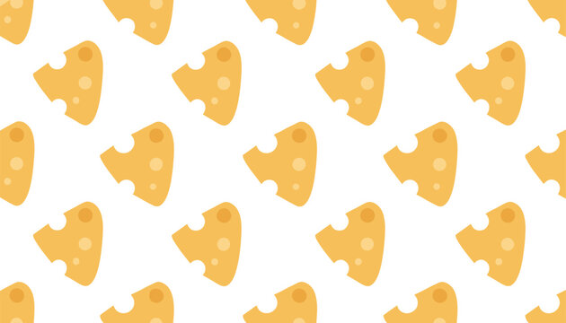 Cheerful seamless pattern showcasing yellow triangular cheese slices with holes on a plain white background.