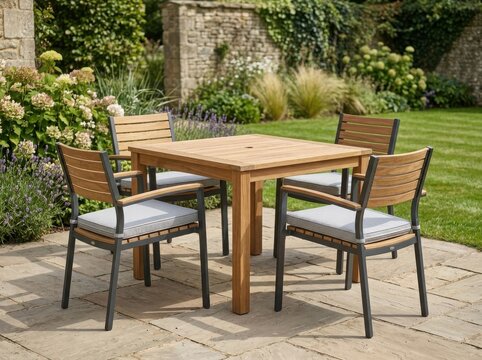Modern wooden patio dining set with four chairs and a square table on a stone terrace in a green backyard garden during summer