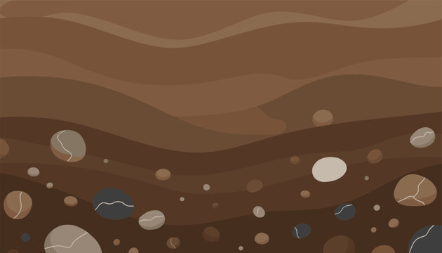 Underground soil layers representation with various rock sediment strata and round stones, illustrating geology or earth science.