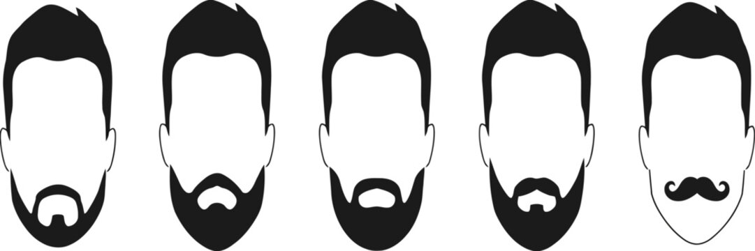 A collection of five different male facial hair styles featuring various beard and mustache designs on a white background