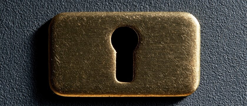 Close-up of a brass keyhole plate with a shadowed opening on a textured dark surface