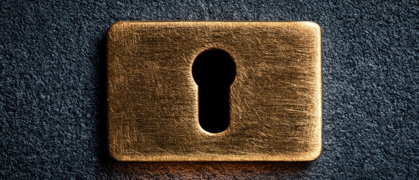 Close-up of a weathered brass keyhole against a textured dark surface