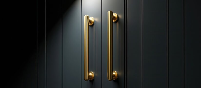 Elegant brass handles adorn a dark, vertical paneled door under dramatic lighting