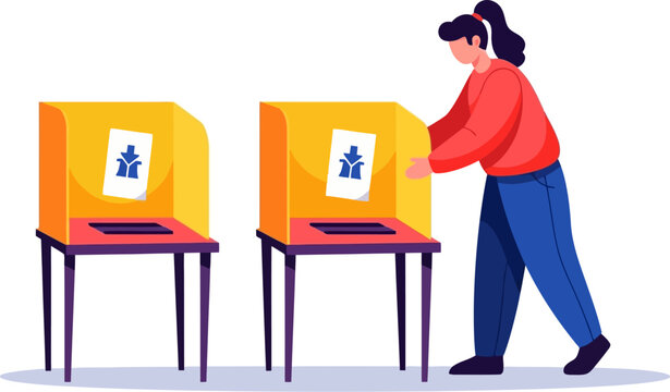 Woman in red shirt interacts with yellow electronic voting machine at station