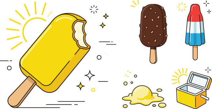 Summer ice cream vector illustration collection featuring yellow popsicle bar with bite mark, chocolate nutty bar, rocket ice lolly, melting scoop, and portable cooler box.