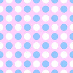 Cute pastel rainbows polkadot seamless pattern with white pink blue dots background © vanillabluecloud