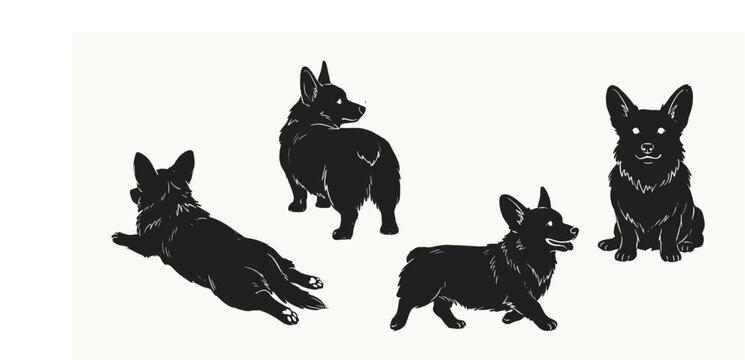 Minimalist corgi dog silhouette collection in various playful poses for pet branding