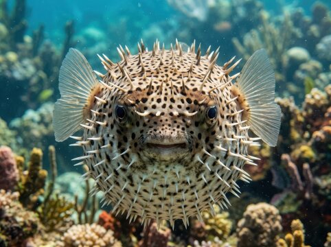 Spiky puffer fish swimming in the deep blue ocean near a colorful coral reef