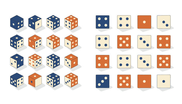 Comprehensive collection of gaming dice is shown in both three-dimensional perspective and flat two-dimensional layouts.