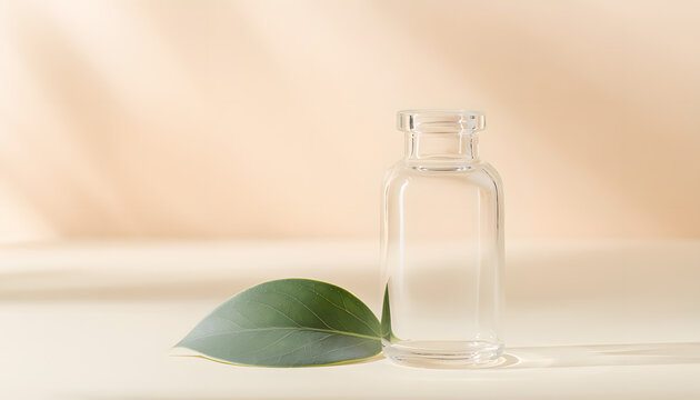 Elegant minimalist composition of a clear glass bottle with a fresh green leaf, symbolizing purity, natural wellness, and a meticulous focus on Patient Safety standards