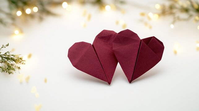 Origami Hearts in Warm Glow: Two deep red origami hearts are intertwined, symbolizing love and connection, set against a soft background illuminated by gentle bokeh lights and festive greenery.