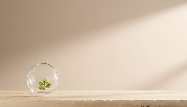 Minimalist Sustainable Living concept featuring a small green sprout inside a glass terrarium on a stone shelf