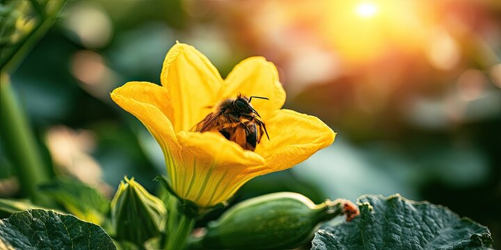A bee collects pollen from a vibrant yellow flower as the sun shines brightly