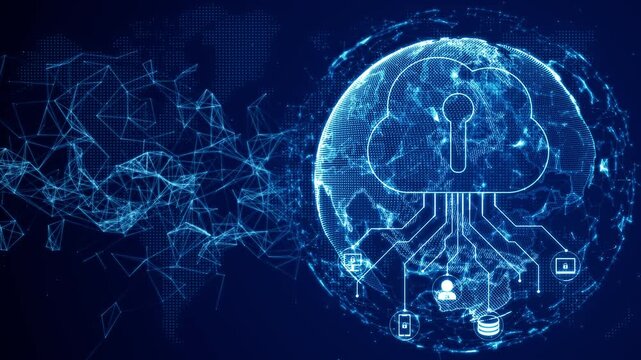 Secure Cloud Computing Network with Cybersecurity. Digital Infrastructure. Encrypted Cloud Storage. Network Protection and Modern Internet Technology. Animation 4K. 3D Rendering