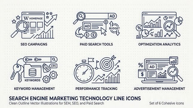 Search engine marketing technology line icons for sem seo with search tools optimization including seo campaigns displays six cohesive paid search