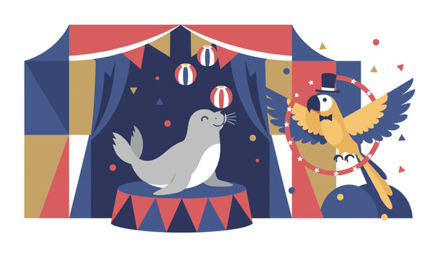 Fun circus performance illustration with a trained seal balancing balls and a colorful parrot flying through a star-studded hoop.