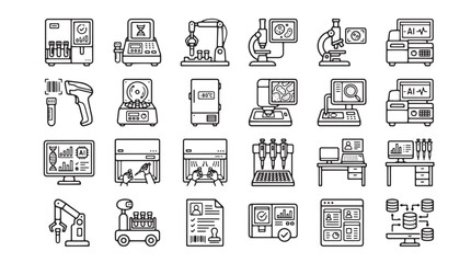 Fototapeta premium Laboratory equipment line icons set, 24 science research and medical technology vector elements, biotech automation and clinical diagnostic tools