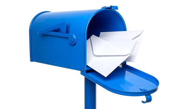 Buz&oacute;n postal azul abierto con varios sobres blancos sobre fondo blanco