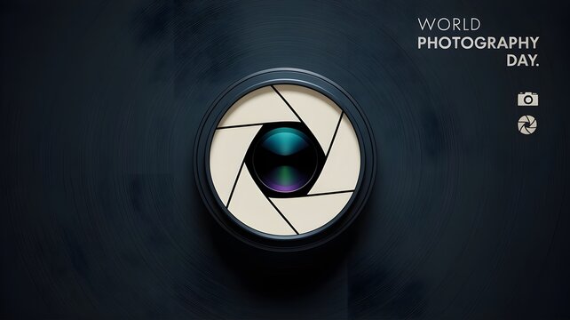 Camera lens with aperture on dark background for world photography day