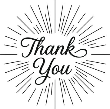 Elegant thank you lettering design with vintage sunburst rays isolated on a clean white background for cards