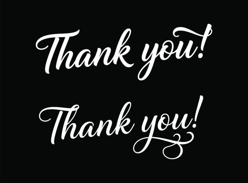 Elegant white calligraphy thank you text isolated on a solid black background for professional graphic design projects