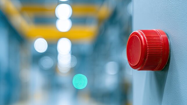 Close-up of a large red emergency stop button on a control panel