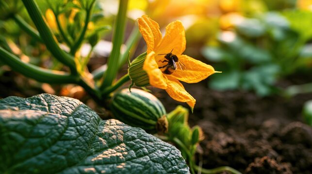 Bee on bright yellow flower in sunlit garden, with young squash