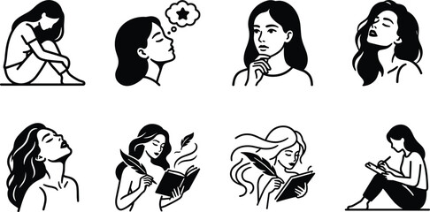 Mental health and creativity line vector icon set with black silhouette female character illustrations for psychology app UI © MSTSULTNA
