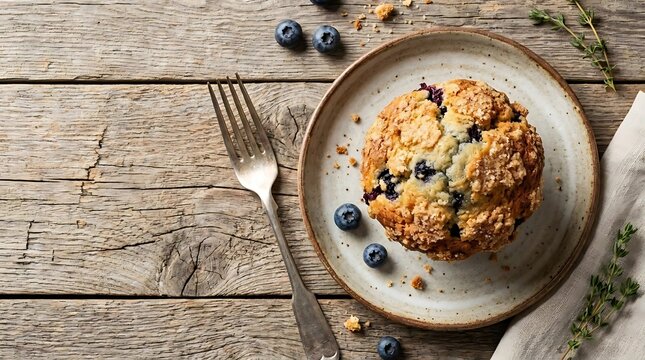 Fresh blueberry muffin on rustic wooden table.
