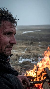 Man by Campfire in Wilderness.