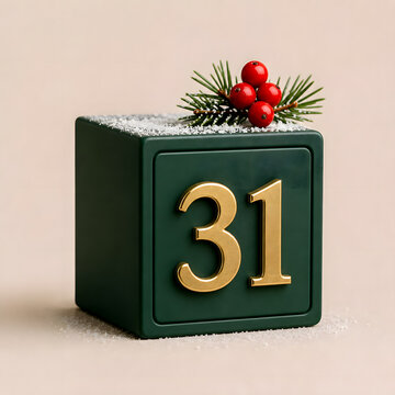 Green holiday block calendar displaying number 31 with snow and pine  